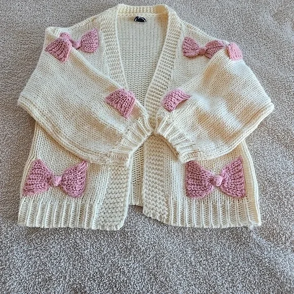 Arula Pink‎ 3D Bow Cream Open Cardigan Chunky-knit Boho Cottagecore Size X (XL) - Picture 13 of 13